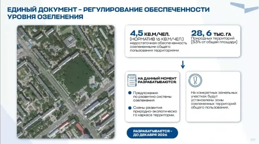 Обеспеченность зелёными зонами в городе — 4,5 кв. м на человека при нормативе 16. Власти готовят единый документ по регулированию озеленения с планом завершения к декабрю 2026 года.