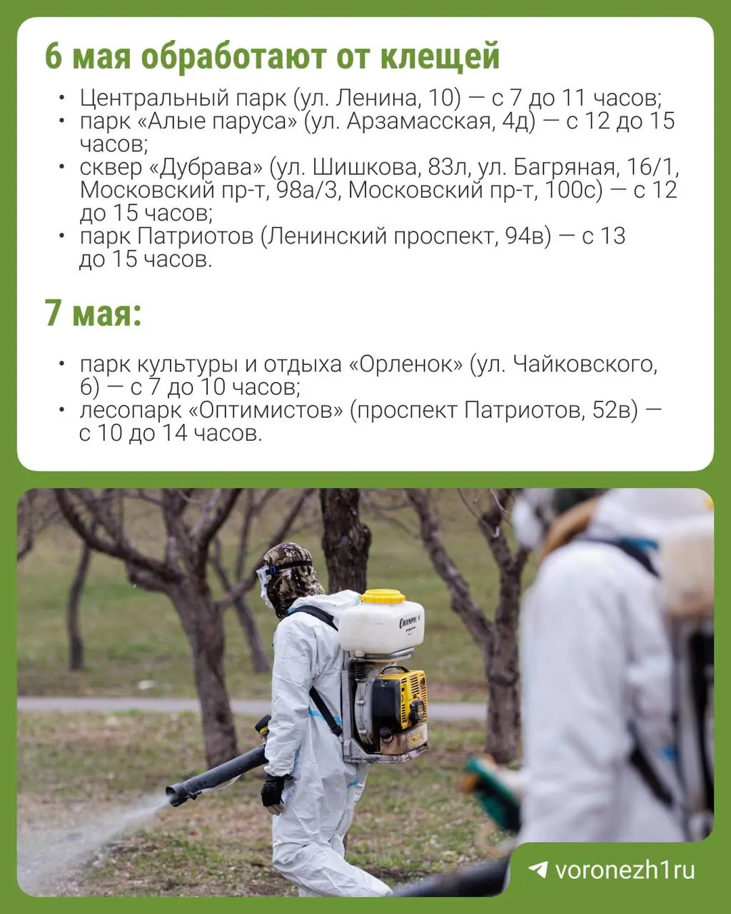С 6 по 8 мая в Воронеже проведут ежегодную дезинсекцию зелёных зон: две бригады обработают 35 парков и скверов. Препараты безопасны, но стоит избегать посещения территорий во время и несколько часов после работ.