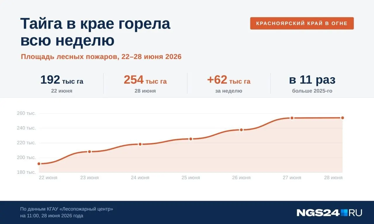 За сутки площадь лесных пожаров выросла на 20 тыс. га; огонь остановили на 79 тыс. га и ликвидировали на 11 тыс. га. Текущий сезон по масштабам выгорания заметно превосходит прошлый год.