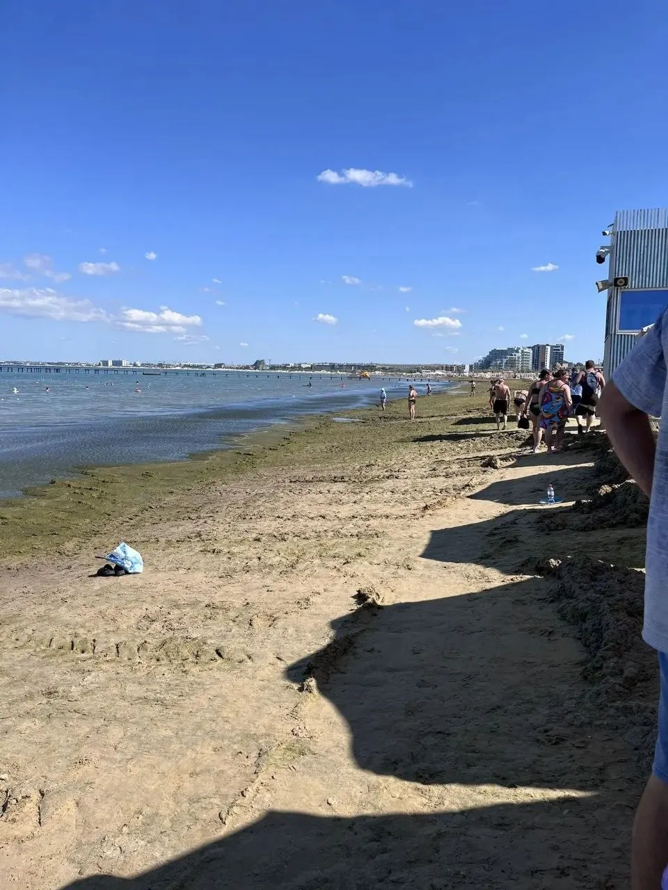 На центральном пляже курорта зафиксировано массовое скопление зелёных водорослей — кадры с береговой линии публикуют местные жители; на Лечебном пляже вода чище и купание возможно.
