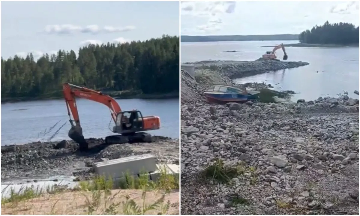 В поселке Нижняя Пулонга Лоухского района на берег реки Пулонга привезли гравий и отсыпают берег, хотя это запрещено в период нереста. Местные жалуются на шум, почернение воды и уже обратились в прокуратуру.