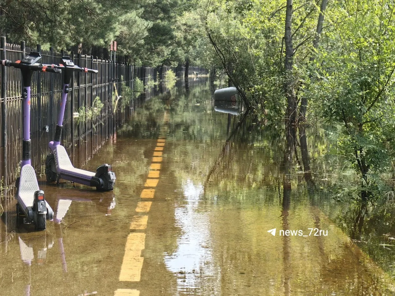 На городском пляже озера Круглого уровень воды поднялся до границы лесной полосы: береговая зона частично оказалась затоплена, на фото видно, как вода подходит к деревьям.