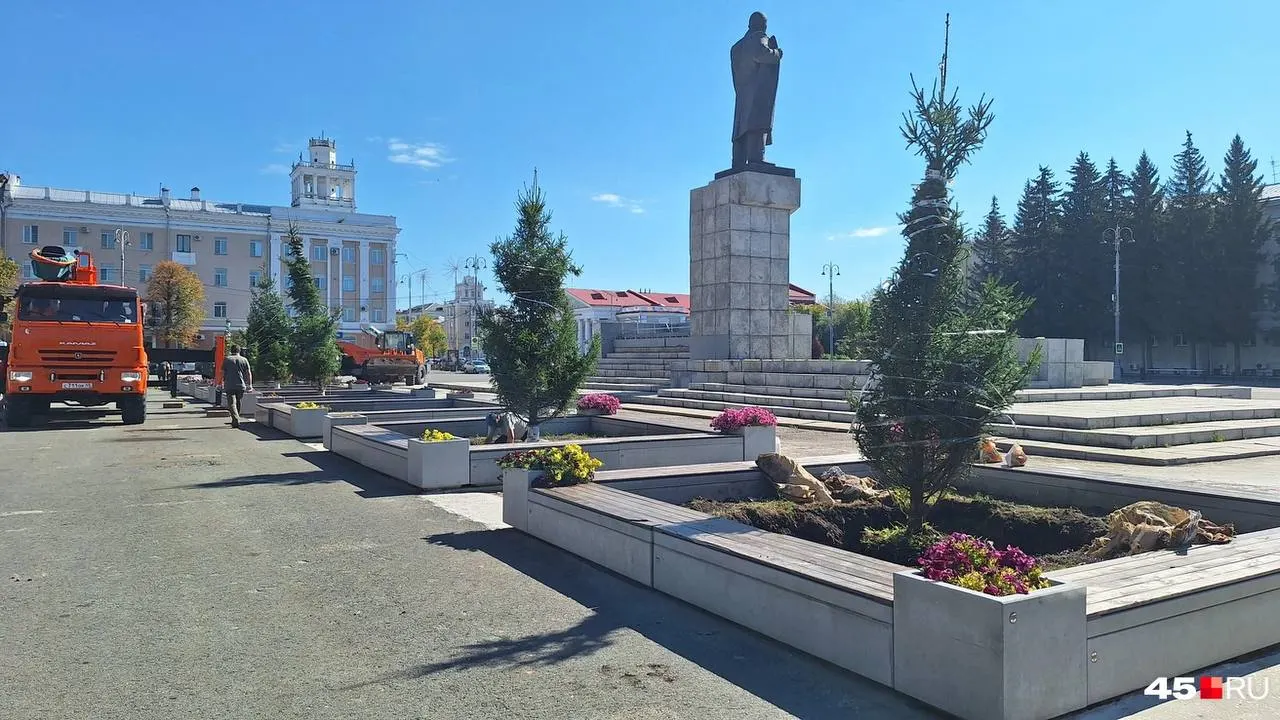 На площади Ленина высадили новые ели; за растениями налажен полив и подкормка по графику.