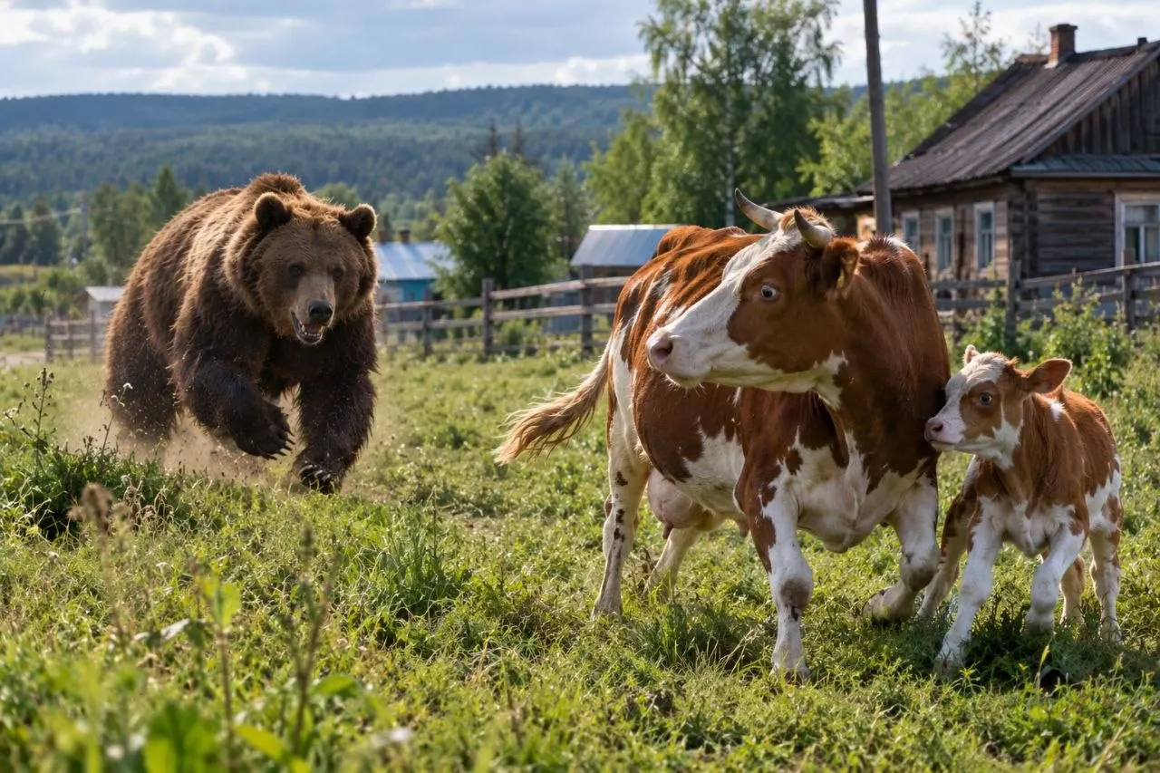 Дикие медведи атакуют скот в нескольких населённых пунктах Алтайского края: загрызена корова, ранен телёнок; в один из случаев зверь был застрелен охотниками.
