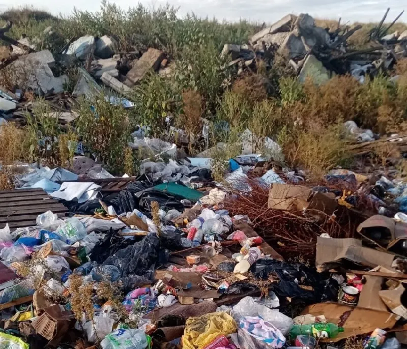 Жители Петропавловки жалуются на разросшуюся свалку прямо в селе: на фото видны горы бытового и строительного мусора, включая старую мебель и пищевые отходы.