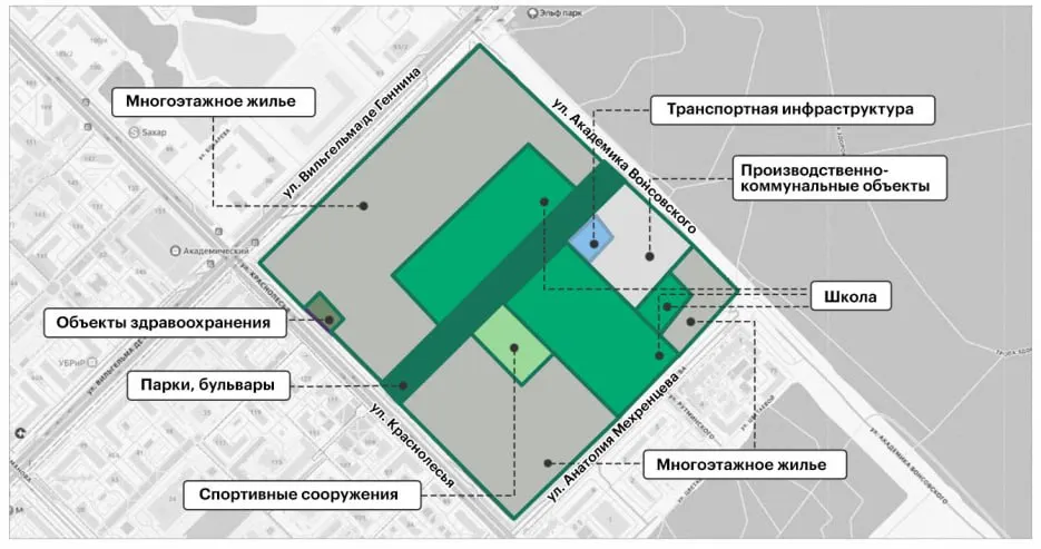 Новый проект предусматривает школы, больницу и спортивный комплекс; часть объектов может быть перенесена из лесной зоны после переговоров с активистами.