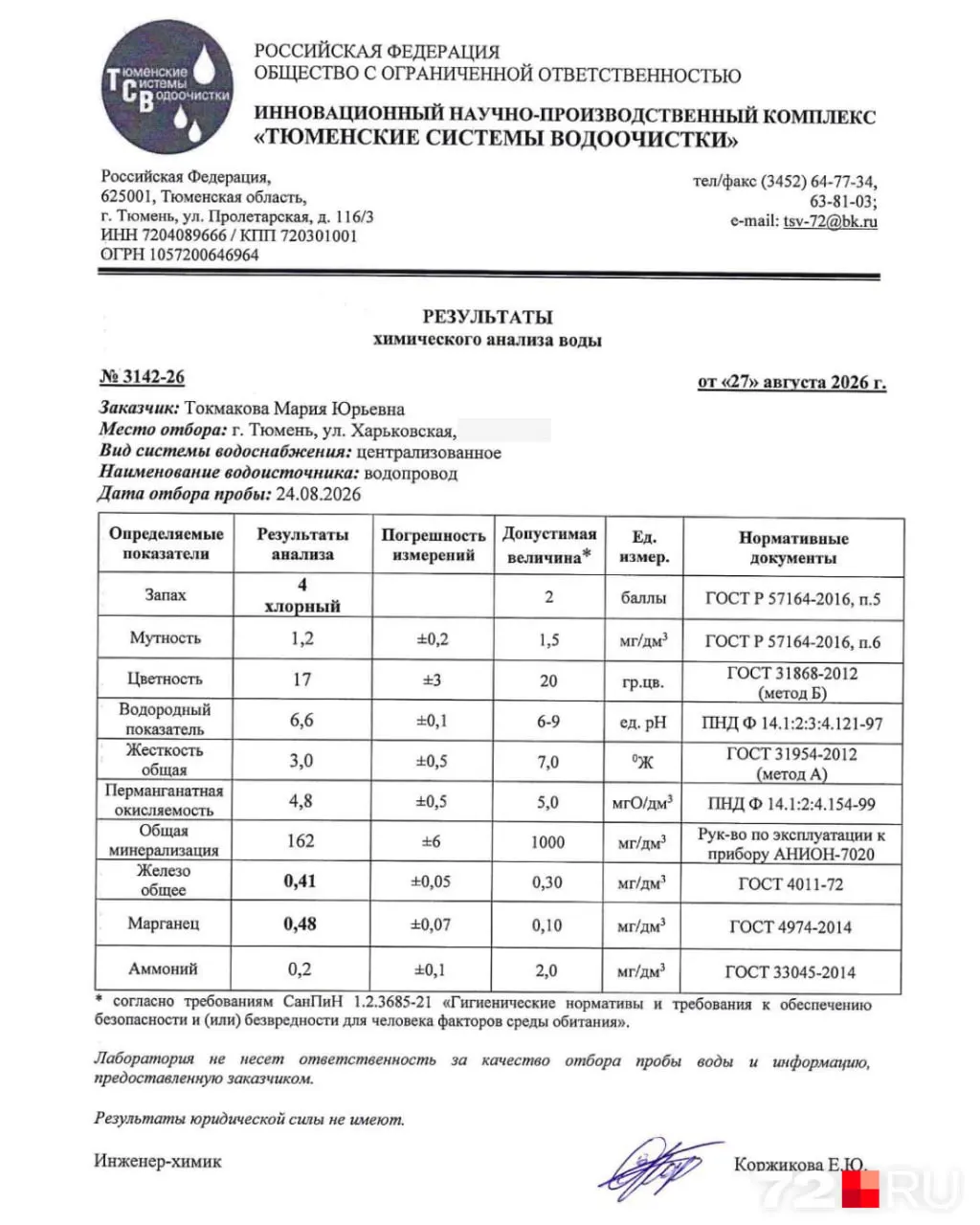 За период июль–август повторный анализ водопроводной воды выявил несоответствие трёх параметров нормам: запах, марганец и железо; вода не пригодна для питья без доочистки.
