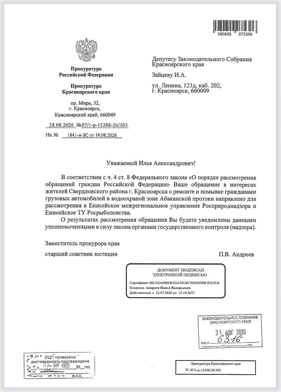 Промежуточный ответ ведомства: пробы с ливнёвок оказались чистыми; расследование ведут Росприроднадзор и Росрыболовство; нефтепродукты фиксировались в протоке неоднократно в последнее время.